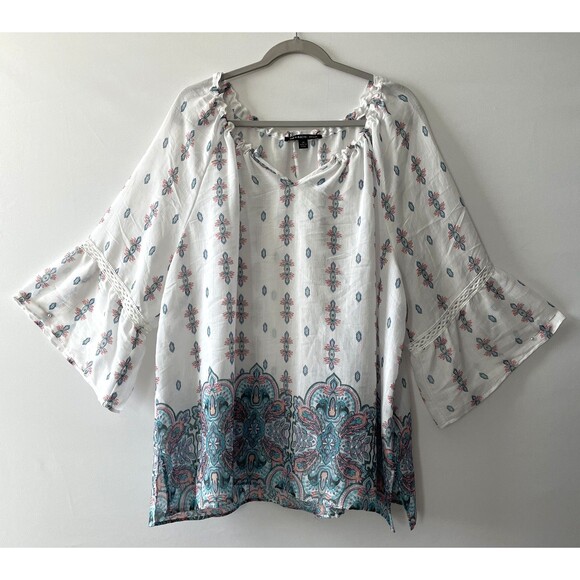 Zac & Rachel Woman Tops - Zac & Rachel Woman Peasant Blouse Bell Sleeve Paisley White Size 2X